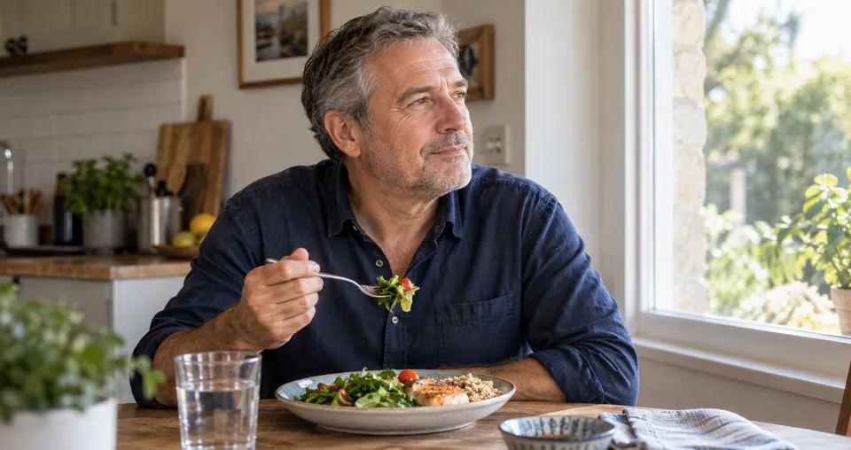 Gray-haired man at his kitchen table